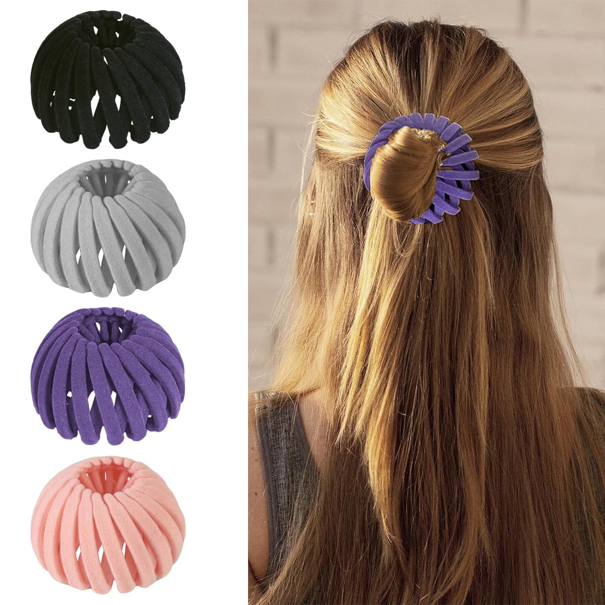 4 pcs Birds Nest Hair Clips - Hair Claw Clamps Bun Makers Expandable Ponytail Holder Comb Hair Bands Hair Accessory for Women Ponytail Holders Claw Clips（Black,Gray,Purple,Pink）