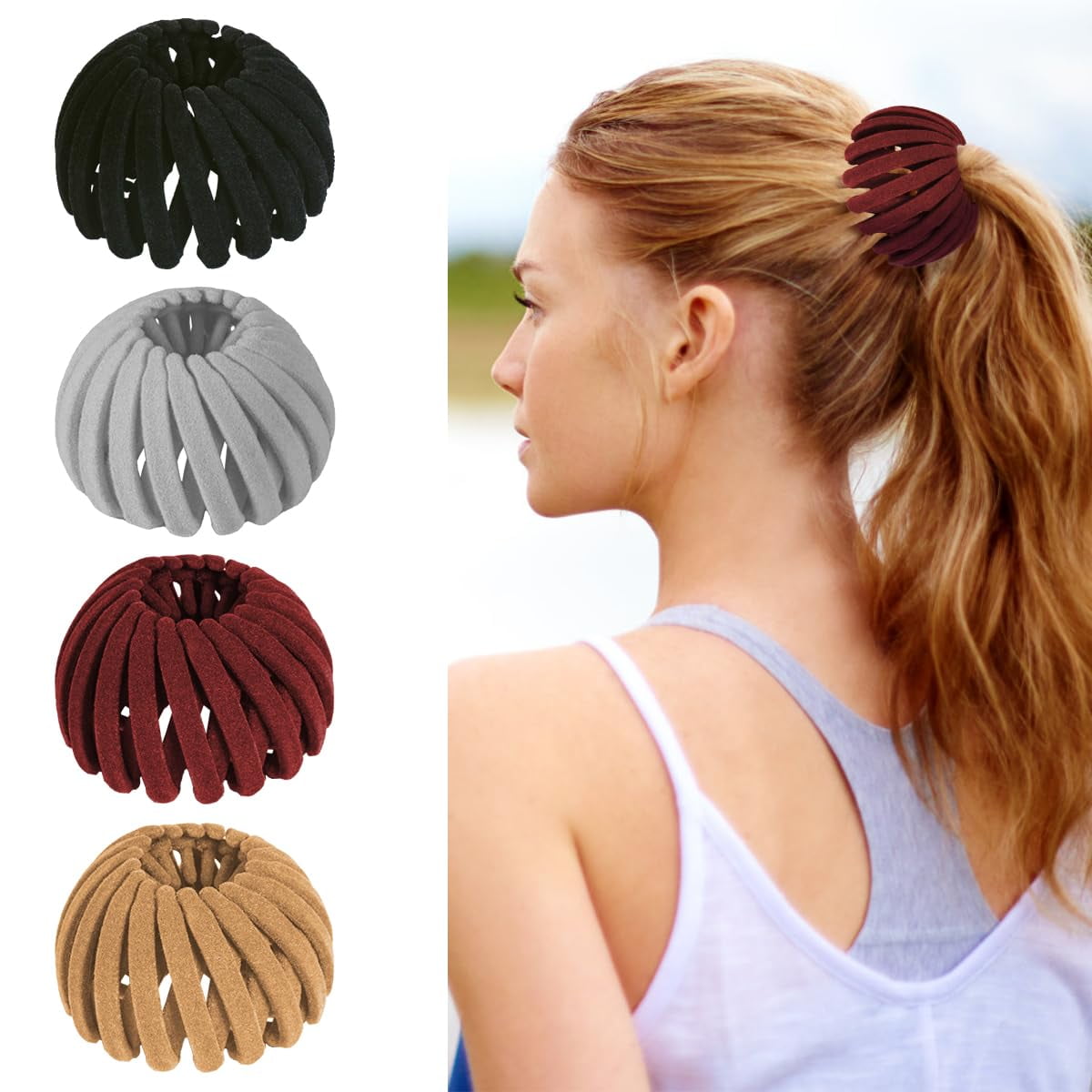 4 pcs Birds Nest Hair Clips - Hair Claw Clamps Bun Makers Expandable Ponytail Holder Comb Hair Bands Hair Accessory for Women Ponytail Holders Claw Clips（（Black,Gray,Red,Brown）