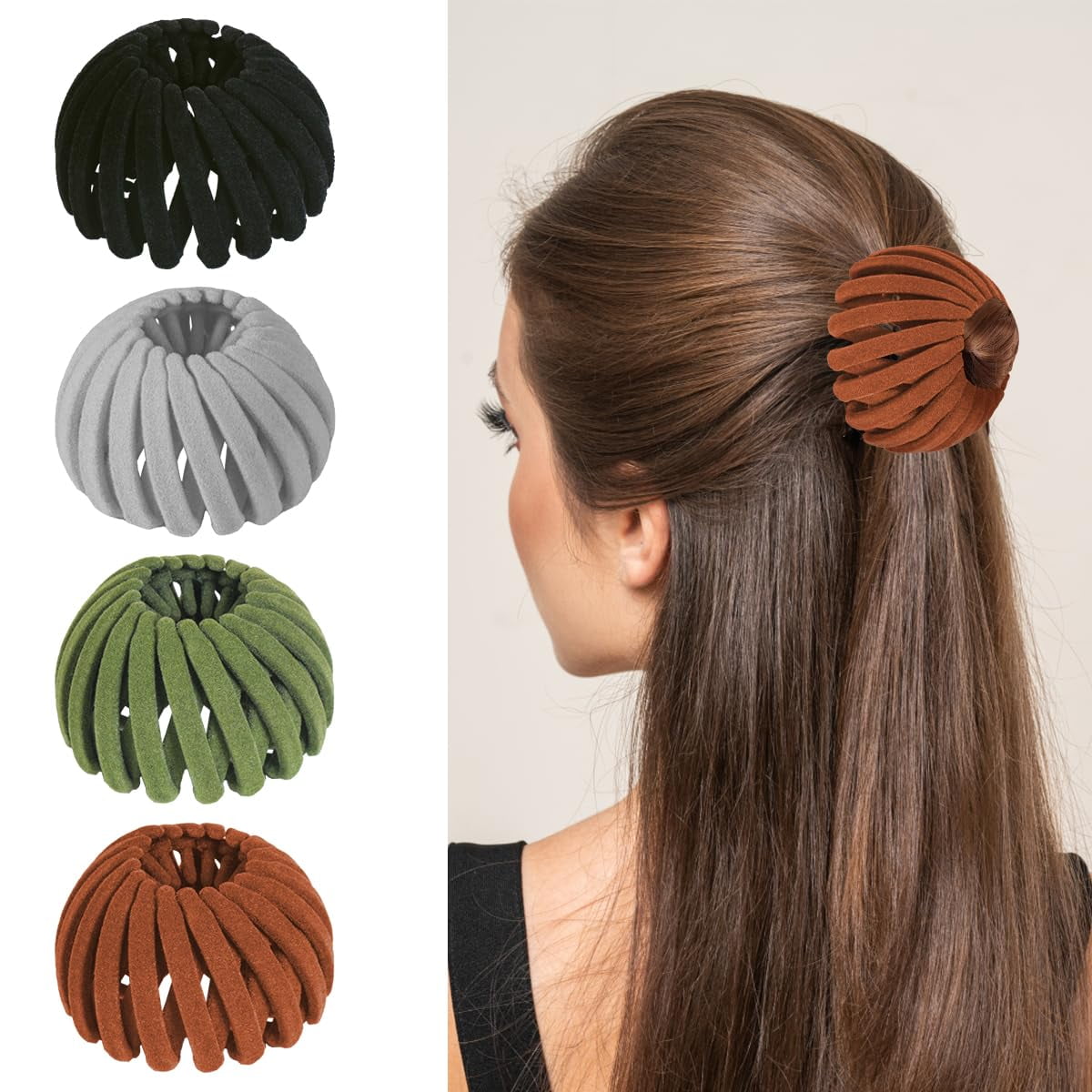 4 pcs Birds Nest Hair Clips - Hair Claw Clamps Bun Makers Expandable Ponytail Holder Comb Hair Bands Hair Accessory for Women Ponytail Holders Claw Clips（Black,Gray,Green,Brown）