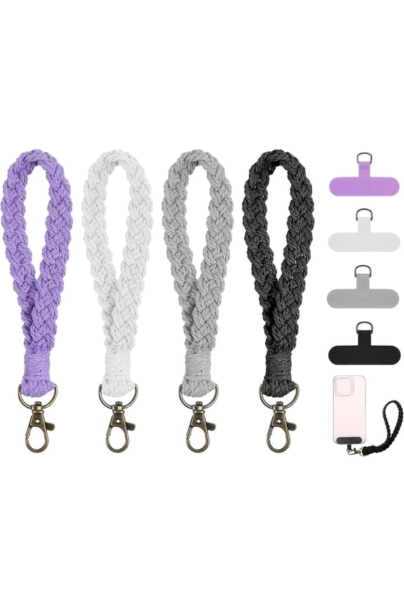 4 pcs Boho Phone Wrist Strap Soft Macrame Keychains Braided Keychain Straps Universal Smartphone Wrist Lanyard Handmade Keychain Wristlet with Tether Tabs Patches for Women Men Christmas