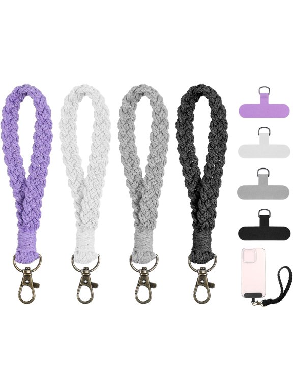 4 pcs Boho Phone Wrist Strap Soft Macrame Keychains Braided Keychain Straps Universal Smartphone Wrist Lanyard Handmade Keychain Wristlet with Tether Tabs Patches for Women Men Christmas