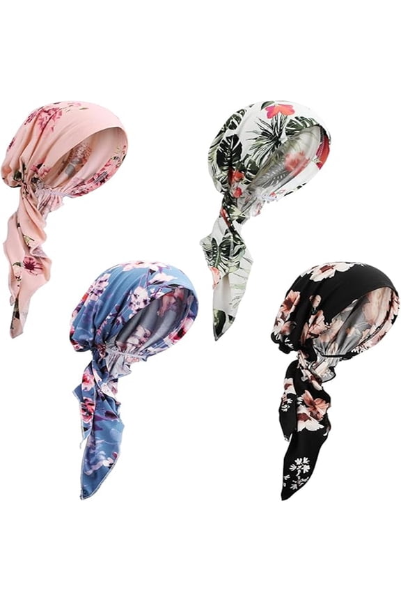 4 pcs Chemo Headwear for Women Pre Tied Cancer Caps Cotton Scarf Skullie Beanie Clothing Accessory for Women