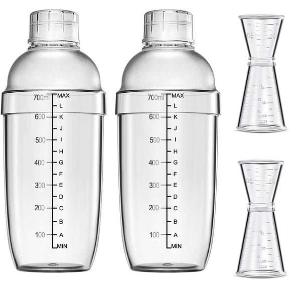 4 pcs Clear Cocktail Shaker Set 2 pcs Plastic bar Shaker with 2 pcs Plastic Cocktail Double Measuring Jigger