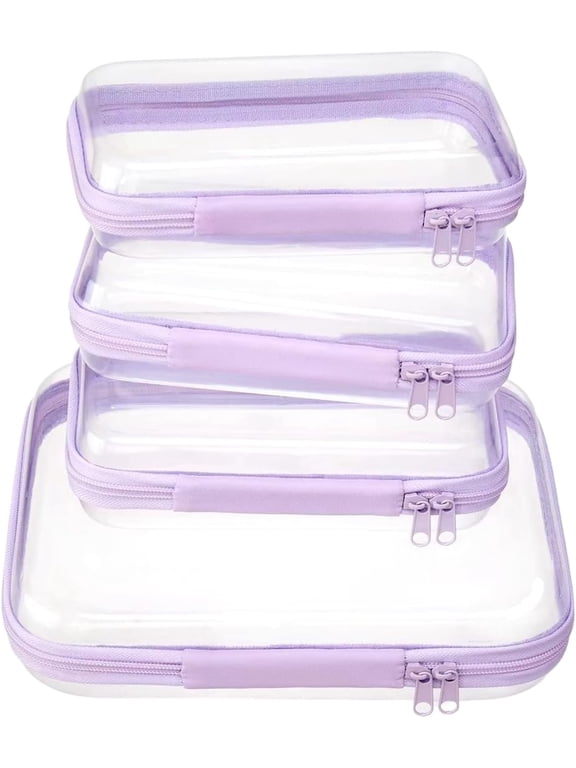 4 pcs Clear Zipper Pouches,Hard Shell Zipper Case, Toiletry Bag for Travel, CLear Diaper Bag, Toiletry Pouch, Travel Organizer, Cosmetic Bag,Toy Storage Bins (M+3S), Lavender, M+3S, M+3s