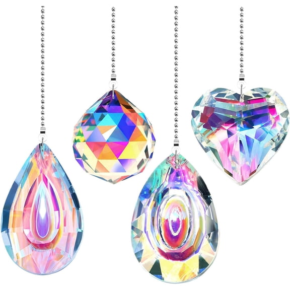 4 pcs Crystal Ceiling Fan Pull Chain Rainbow Pull Chain Extension with Connector for Bathroom Toilet Light Ceiling Light Fan (Longan, Round, Polygon, Quadrilateral)