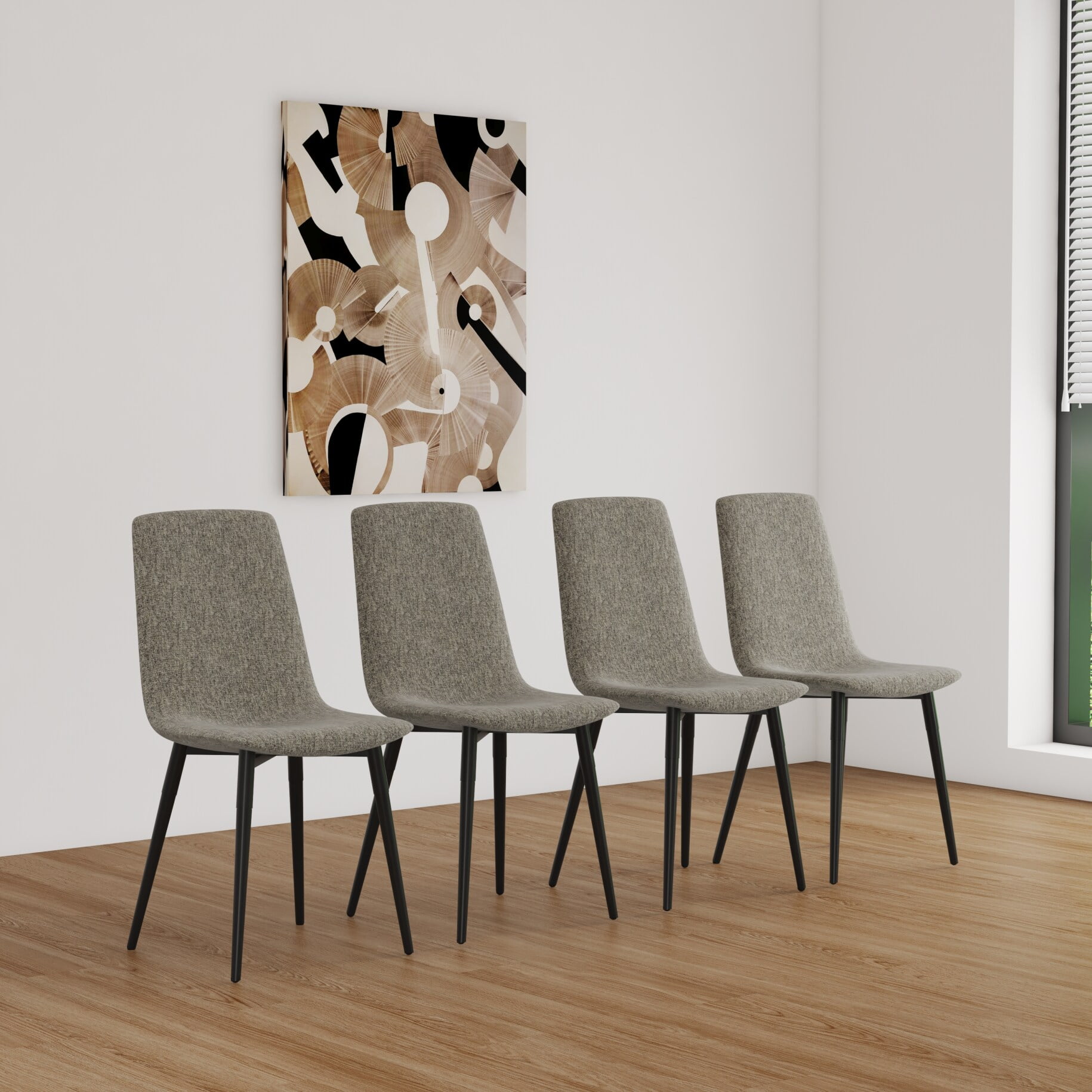 Set of 4 Light Gray Linen Upholstered Dining Chairs with Black Metal Legs