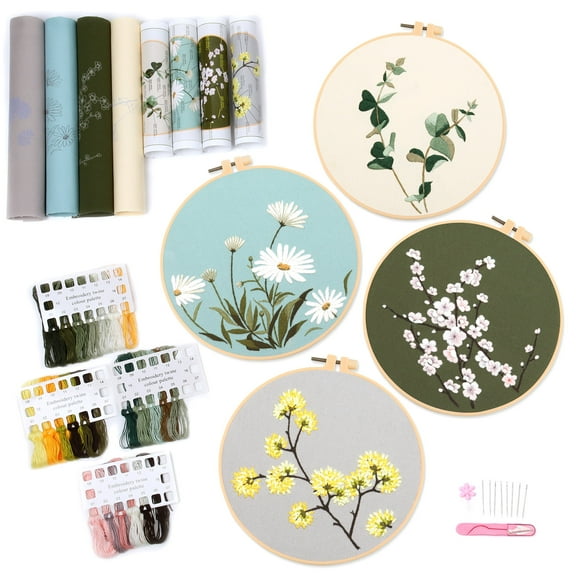 4 pcs Embroidery kit for Beginners Patterns and Instructions, DIY Adult Beginner Cross Stitch Kits, Including 2 Plastic Embroidery hoops, 1 Pair of Scissors, Colored Threads and Needles