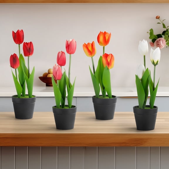 4-pcs Faux Tulip Decoration with Clay Plastic Pot 11.2 Inch Small Tulip Center Ornament Fake Potted Flowers Suitable for Shelf Tables Centerpiece Wedding Home Decoration