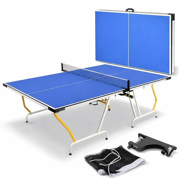 Hurtle Foldable Table Tennis Table, 4-Piece Set with Net & Posts, Solo Playback Mode, Steel Frame, MDF Top, Space-Saving Design, Blue