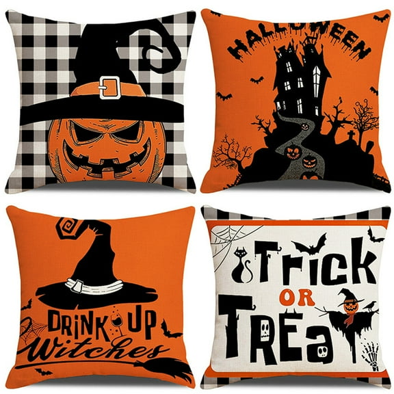4 pcs Halloween Pillow Case Trick or Treat Witches Pumpkin Pillow Cover,Happy Halloween Holiday Linen Sofa Bed Throw Cushion Cover Decoration (18" x 18")