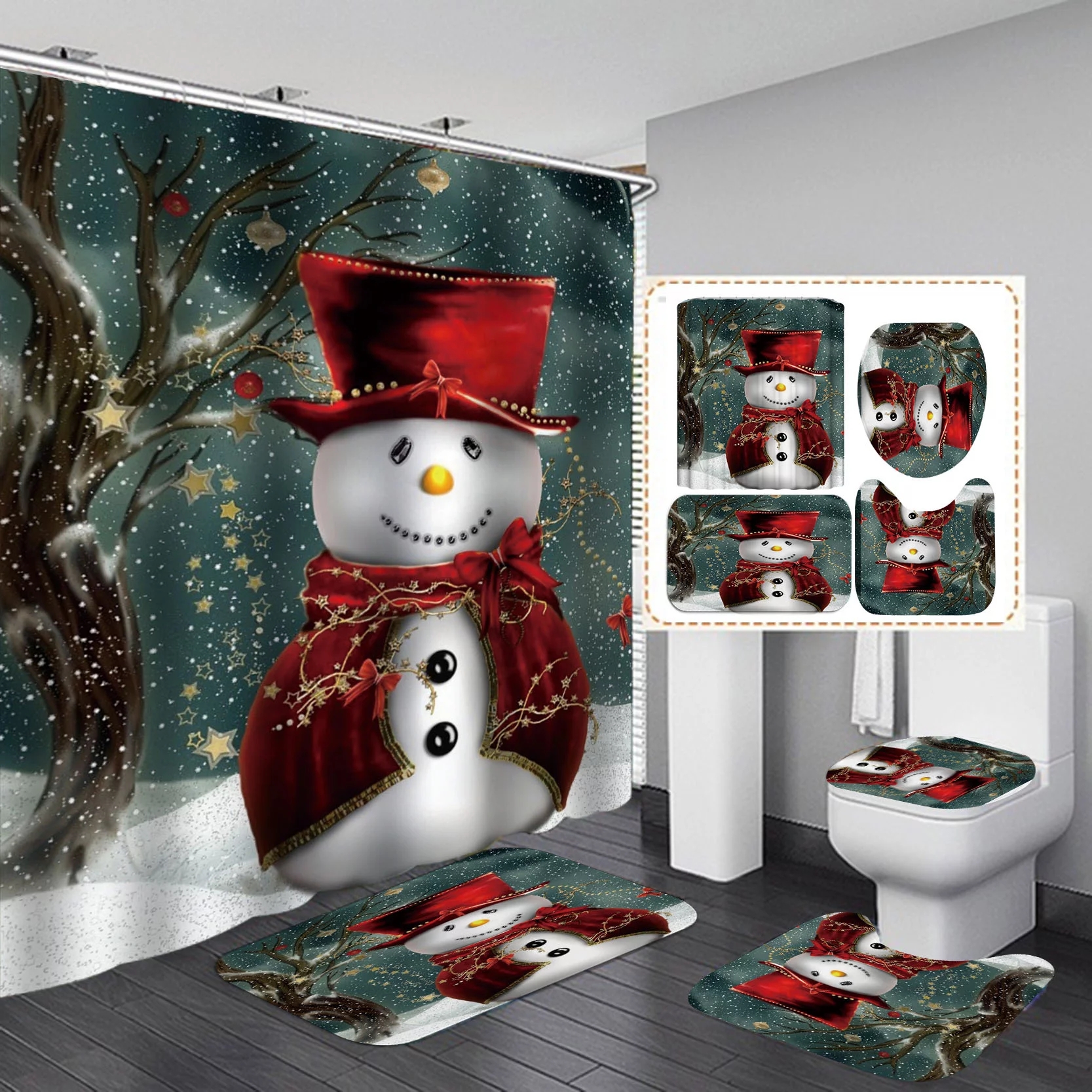 4 pcs Merry Christmas Shower Curtain Set,Snowman Bathroom Sets with