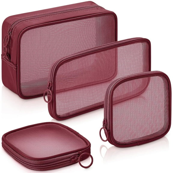 4 pcs Mesh Makeup Bag Mesh Cosmetic Bag Travel Toiletry Pouch with Zipper Mini Makeup Cosmetic Purse for Daily Accessory Small, Large, Medium,Wine Red
