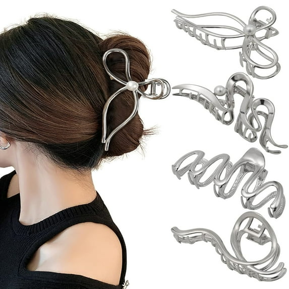 4 pcs Metal Hair Claw Clips - Irregular Large Clips for Women, Non-Slip Styling Accessories for Thick and Thin Hair Silver