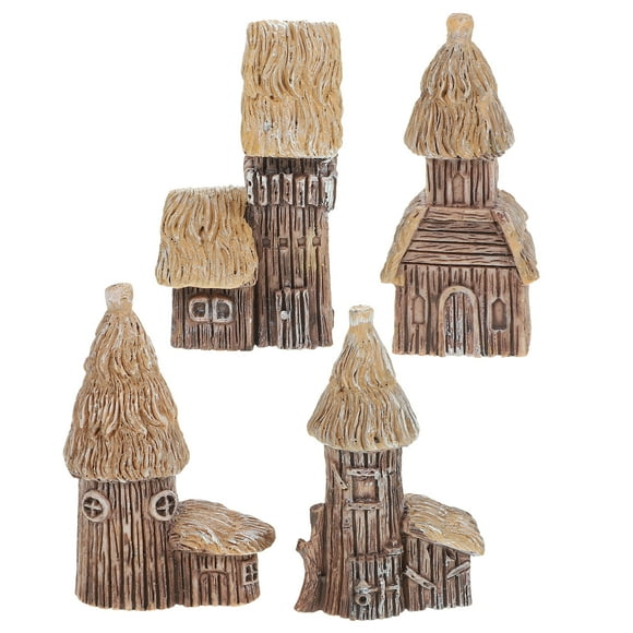 4 pcs Mini House Figurines Miniature Village Hut Decor Mini Resin Cottage Ornaments