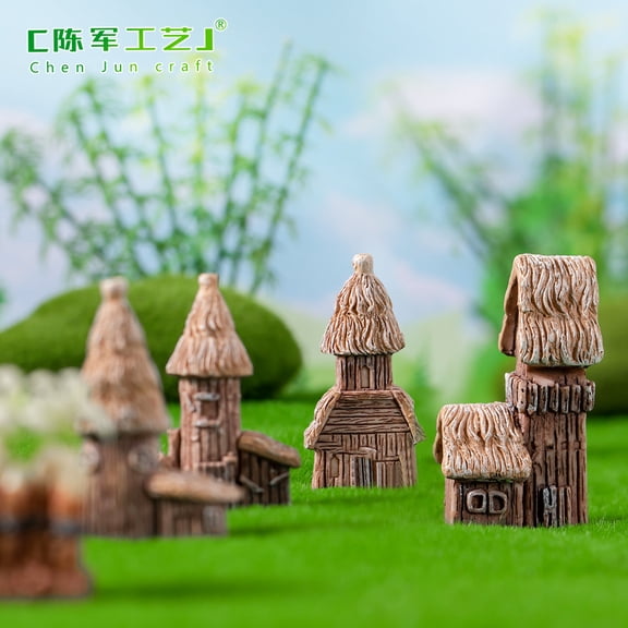 4 pcs Mini House Figurines Miniature Village Hut Decor Mini Resin Cottage Ornaments