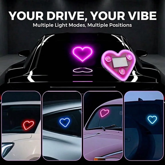 4 pcs Neon Heart Shaped Ambiance Light with Solar USB Charging, 5 Lighting Modes, for Car Dashboard and Home Party Decor, Holiday Gift Pink