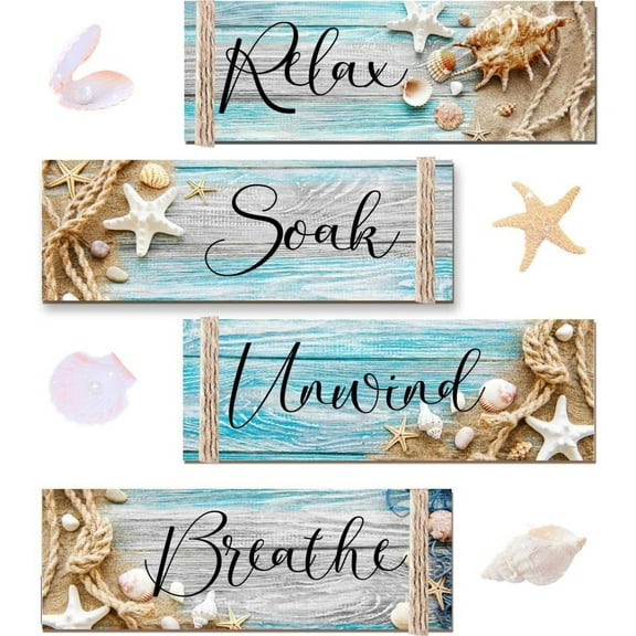 4 pcs Ocean Beach Wood Relax Soak Unwind Breathe Art Sign Hanging Wooden for Decor Living Room Laundry Spa Washroom
