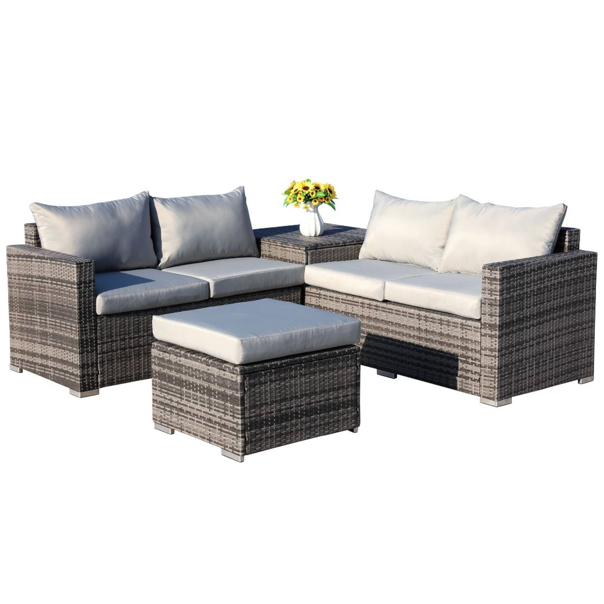 4 pcs Patio Furniture Set Outdoor Sectional Wicker Patio Couch with Chair Ottoman Conversation Sets for Yard,Pool or Backyard