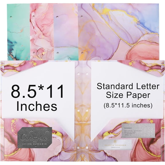 4 pcs Plastic Folders with Pockets,3 Hole Punched Folders | Heavy Duty Binder Folder for 3 Ring Binder,Cute Marble Colors 2-Pocket Folders for Documents,Back to School Supplies