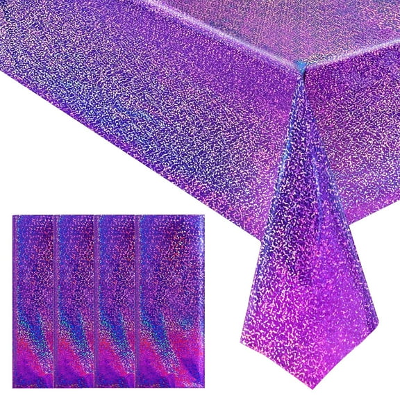 4 pcs Purple Holographic Plastic Tablecloths Laser Table Covers 40" x 108" Foil Disposable Table Cloths for Party Birthday Wedding Christmas Holiday Party Decorations