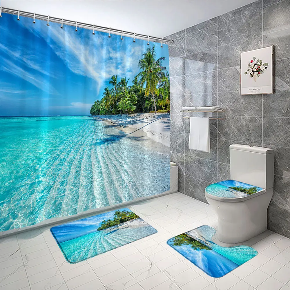 4 pcs Seaside Beach Shower Curtain Rug Set Blue Sky Ocean Coconut Tree