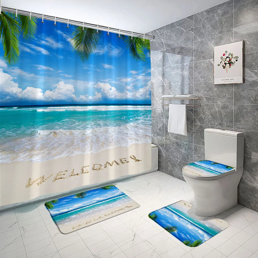 Curtain Rug 4 pcs Seaside Beach Shower Curtain Rug Set Blue Sky Ocean Coconut Tree ...