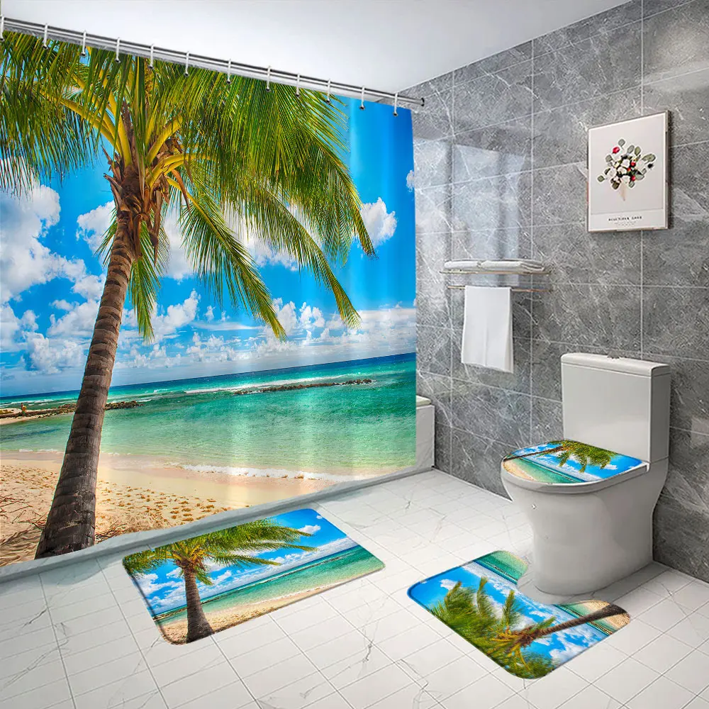 Curtain Rug 4 pcs Seaside Beach Shower Curtain Rug Set Blue Sky Ocean Coconut Tree ...