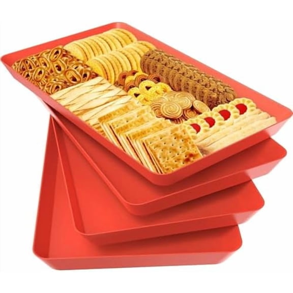 4 pcs Serving Tray for Entertaining, Serving Platters for Snacks, Fruit, Cookies, Dessert, Reusable Plastic Trays for Serving Food and Pantry Organization in Kitchen & for Parties, (Red)