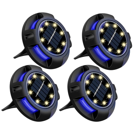 4 pcs Solar Ground Lights, 8 LED Disk Lights Solar Powered Waterproof In-Ground Lights For Garden, Lawn, Pathway, Yard (Warm+Blue)