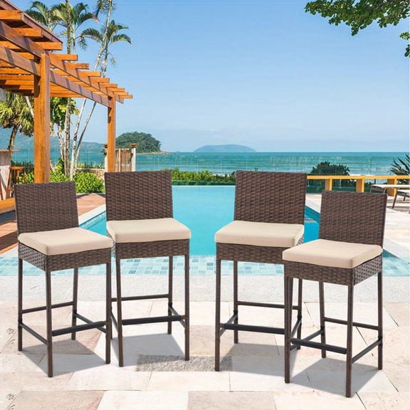 4 pcs Susu Polyethylene (PE) Wicker Outdoor 30'' Bar Stool with Cushion
