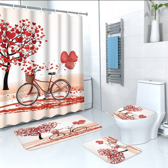 4 pcs Valentine's Day Shower Curtain Set Romantic Rose Hearts Bathroom Decor Waterproof Polyester Fabric Bath Mat Toilet Lid Cover Non-Slip Floor Mat for Couples Anniversary Gift Home Decor