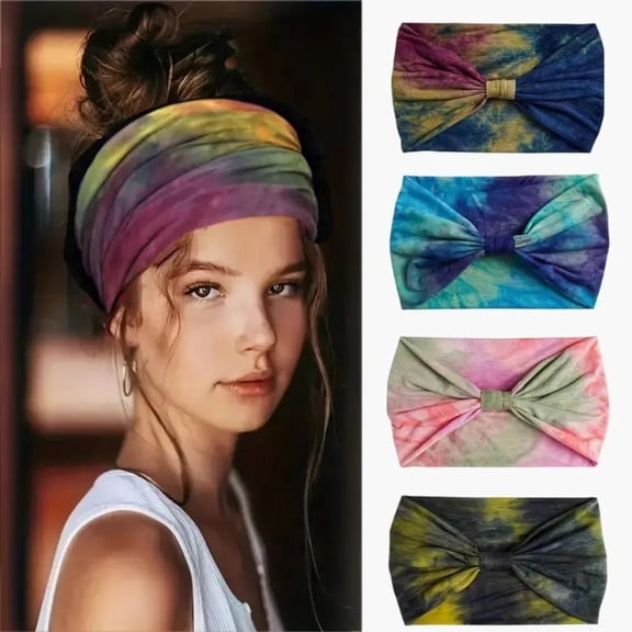 4 pcs Wide Headbands Stretch Turban Knotted Hairbands Elastic Yoga Workout Sweatband Running Sport Head Scarf Large African Head Wraps for Women (Set A)