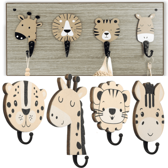 4 pcs Wooden Animal Hook Wall Mounted Towel Hanger Cute Decorative Baby Room Hook for Room Bathroom Office
