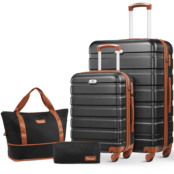 4 Pcs Travel Luggage Sets, 20 28 inch Carry-on and Checked Suitcase, with Expandable Duffle Bags, Black&Brown