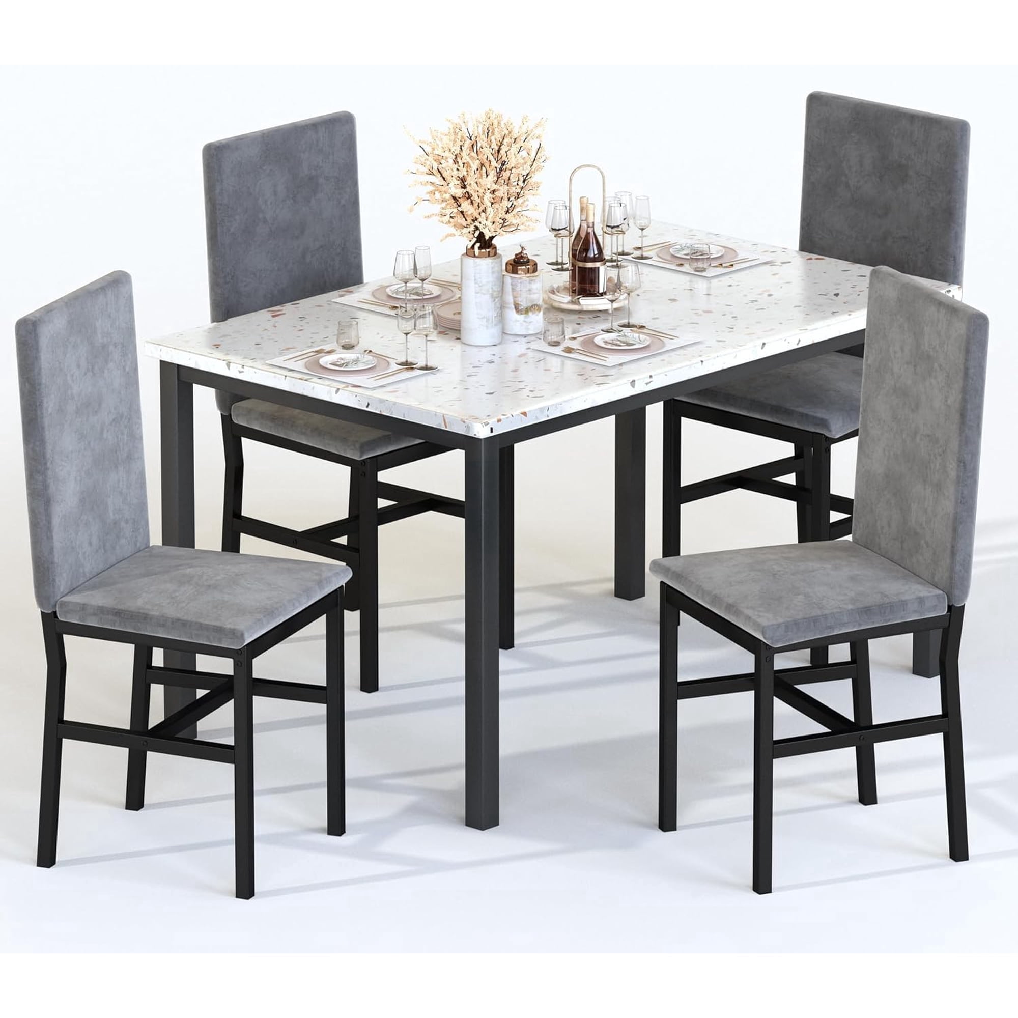 4-person dining table set, modern artificial marble dining table set, kitchen table and chair set of 4 pieces, with 4 PU leather chairs, suitable for small spaces, apartments, restaurants, Grey/White