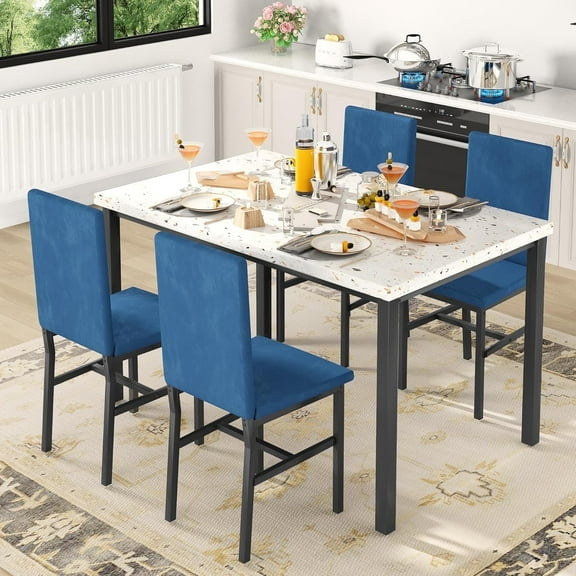 4-person dining table set, modern artificial marble dining table set, kitchen table and chair set of 4 pieces, with 4 PU leather chairs, suitable for small spaces, apartments, restaurants,Blue