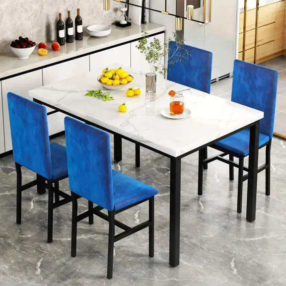 4-person dining table set, modern artificial marble dining table set, kitchen table and chair set of 4 pieces, with 4 PU leather chairs, suitable for small spaces, apartments, restaurants,Blue