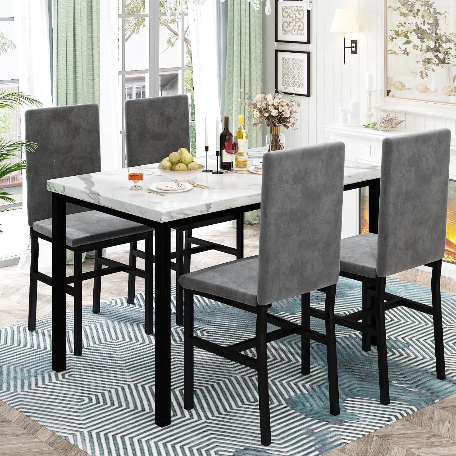4-person dining table set, modern artificial marble dining table set, kitchen table and chair set of 4 pieces, suitable for small Spaces, apartments, restaurants, Grey/WHite