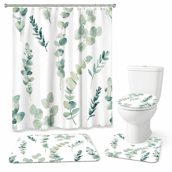 4-piece Bathroom Linen Set with Eucalyptus Leaves Print, Includes Shower Curtain, Rugs and Lid Cover