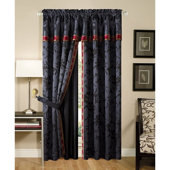 4-piece Black Red Jacquard Window Curtain Set Panels Valance with Jacquard Woven Fabric