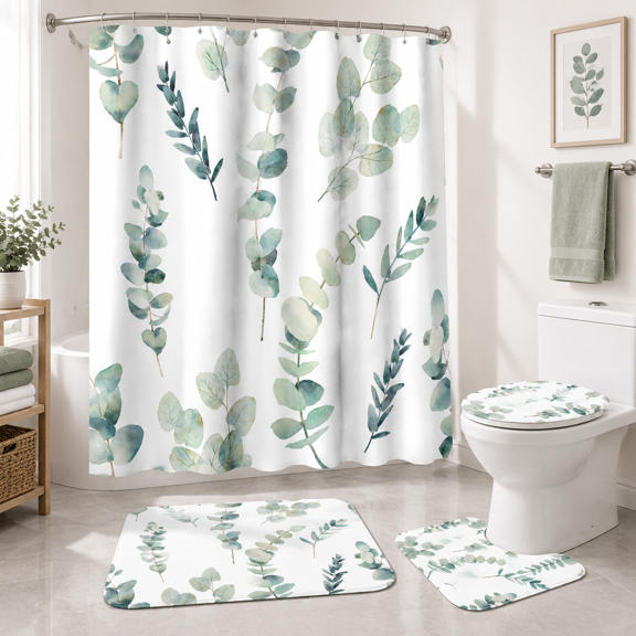 4-piece Eucalyptus Leaves Bathroom Linen Set with Shower Curtain, Rugs and Hooks