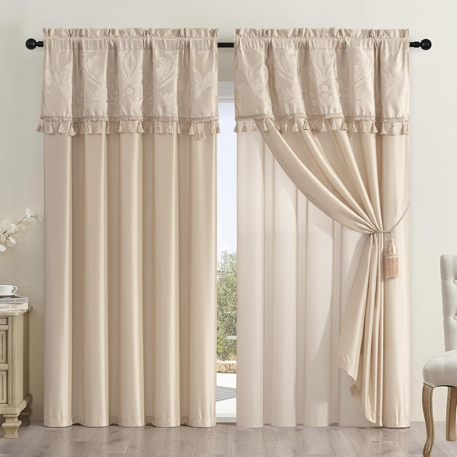 Royale 4-Piece Jacquard Floral Window Curtain/Drape Set with Sheer ...