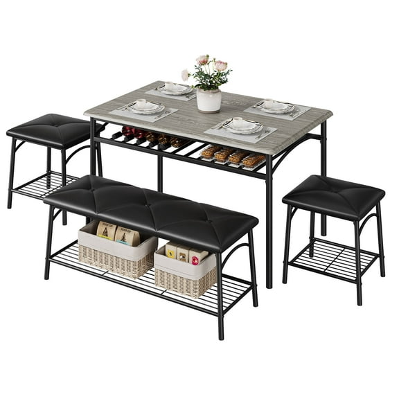 4 piece Kitchen Table Set for 4 with 1 Upholstered Bench and 2 Square Stools, with Storage Shelves for Small Spaces, Apartments, Dining Room