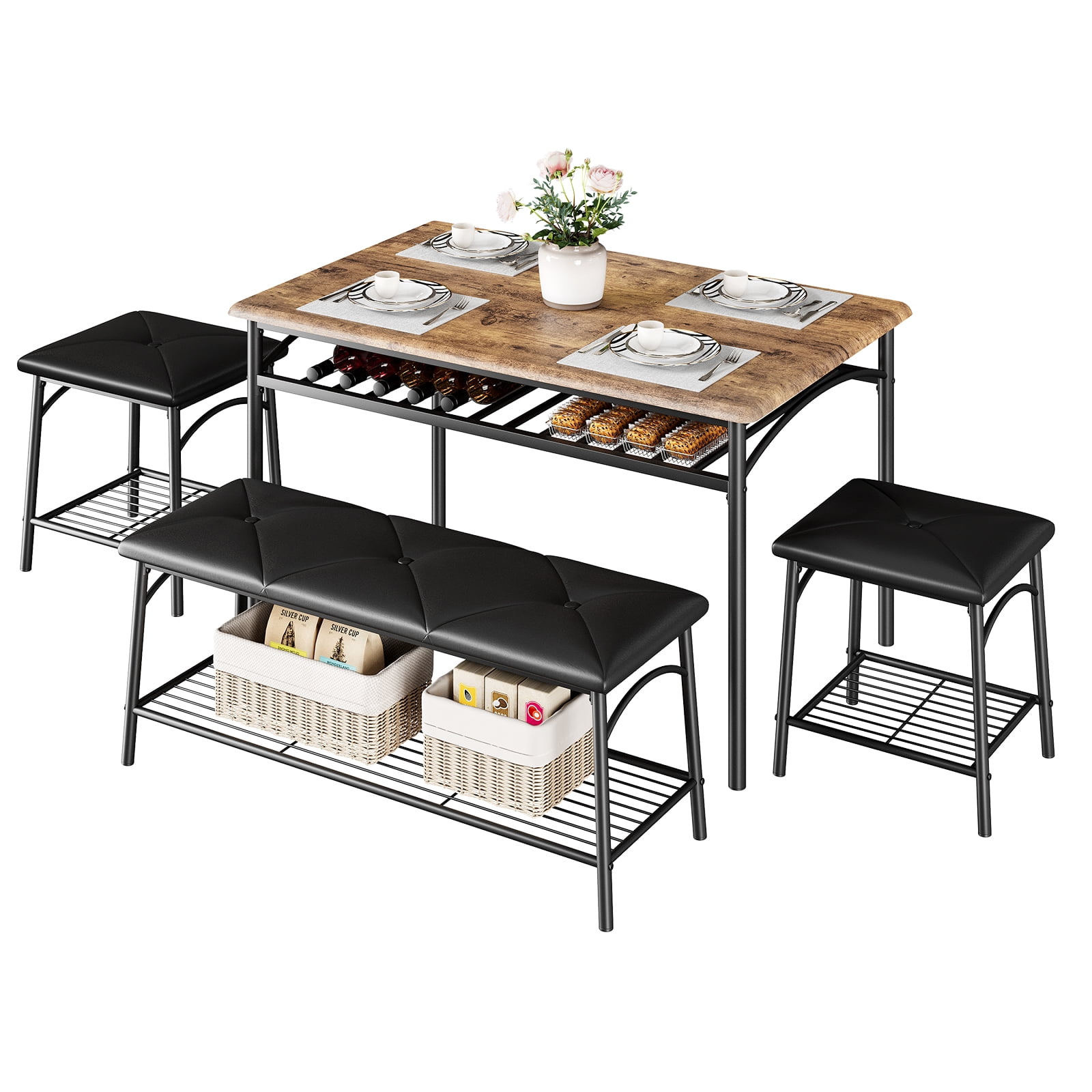 4 piece Kitchen Table Set for 4 with 1 Upholstered Bench and 2 Square ...