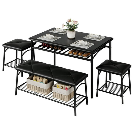 4 piece Kitchen Table Set for 4 with 1 Upholstered Bench and 2 Square Stools,  with Storage Shelves for Small Spaces, Apartments, Dining Room