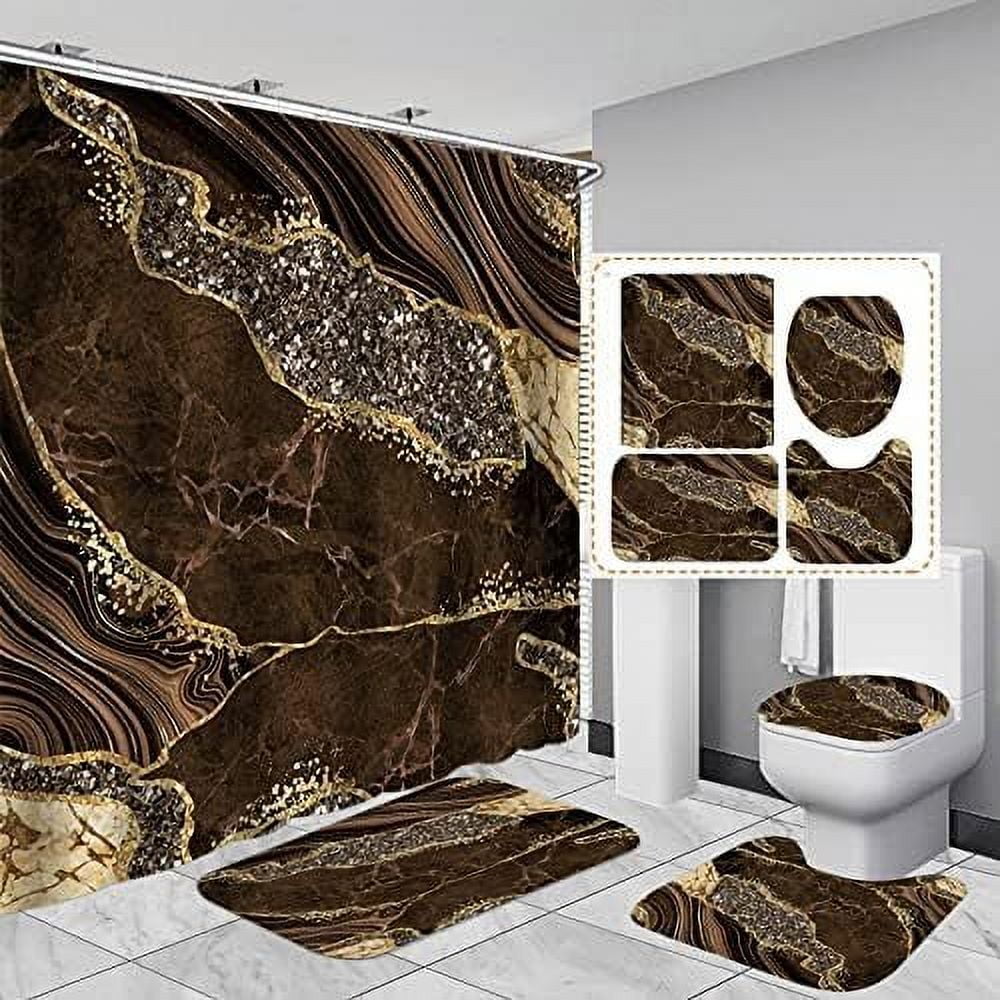 4-piece Marble Shower Curtain Set Bathroom Set with Shower Curtain, Toilet Seat Carpet U-shaped Toilet Seat
