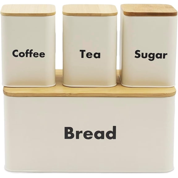4-piece Off-White Metal Bread Box Set with Bamboo Cutting Board Lid