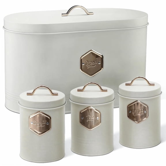 Plexon Bread Box for Kitchen Countertop with Coffee Sugar Tea Storage Containers, Bread Box and Canisters Set for the Kitchen with Lid, Off-White
