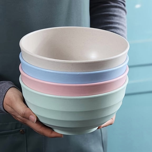 4-piece Pastel Ribbed Mixing Bowls Set of 4 Large Soup and Salad Bowls, BPA-Free Plastic Food Containers for Cereal, Pasta, and Meal Prep, Stackable Kitchenware
