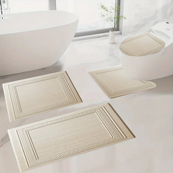 4-piece Set Bathroom Accessories ,Cream Embossed Interlace Woven Border Tile Moisture-wicking Floor Carpet